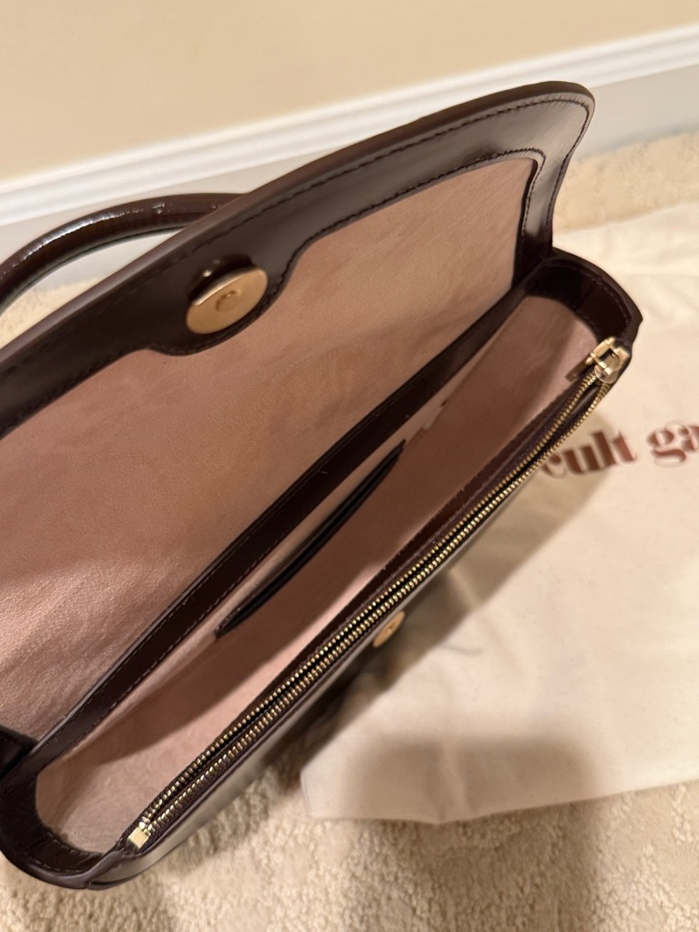 cult gaia dark brown leather half-moon mini bag with gold sculptural handle - Picture 6 of 8